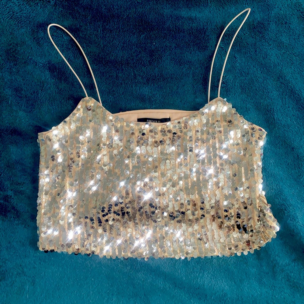 Women’s Sequin Crop Top. Size Small. Champagne color with silver sequins.